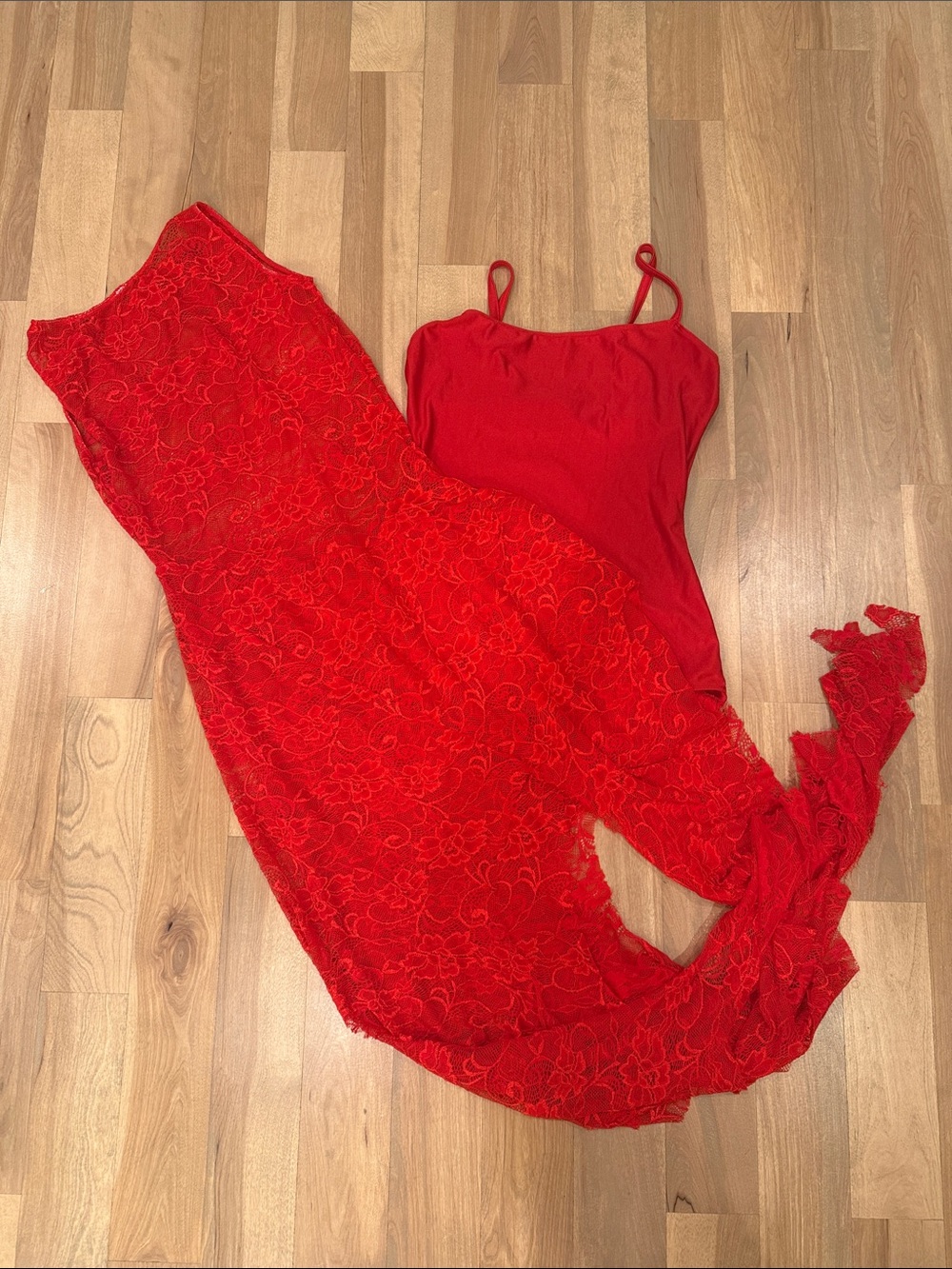 Red Lace Slip Dance Costume Dress with Matching Red Leotard